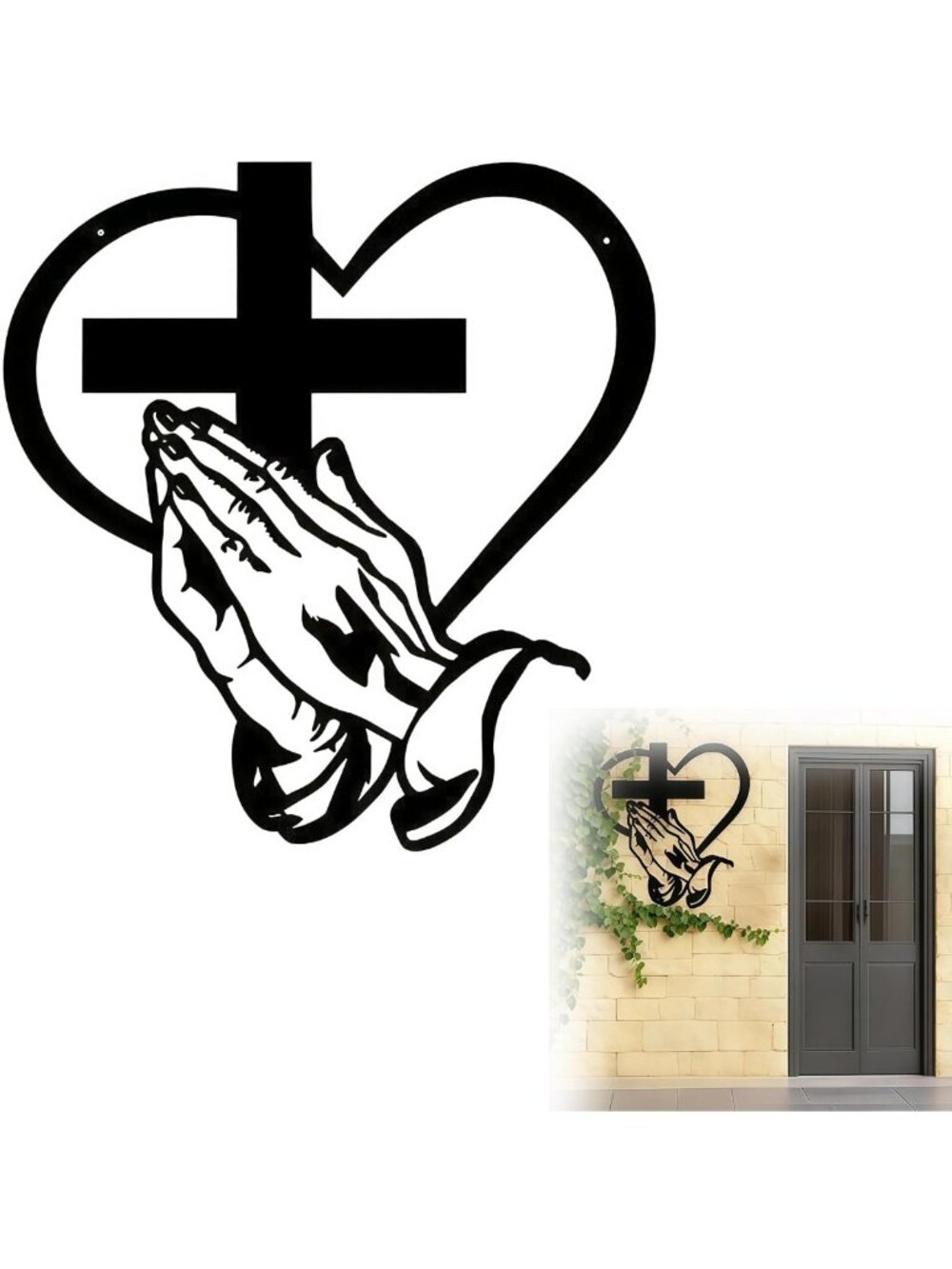 Christian Metal Cross Wall Decor with Sacred Heart & Praying Hands - Farmhouse